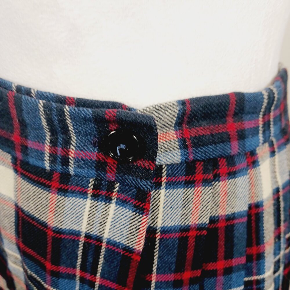 Vintage F.A. Chatta SZ 10 Wool Plaid Pleated Wrap Skirt, Navy/Red/Cream Academia - Picture 9 of 13
